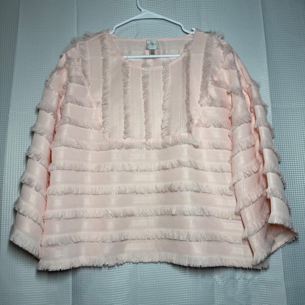 Cupio Fringe Blouse Medium Pink Textured Eyelash Stripe Boxy Top